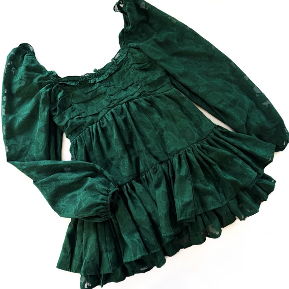 Altar’d State Dress Womens Small Green Jacquard Floral Tiered Mini Holiday - Picture 1 of 7
